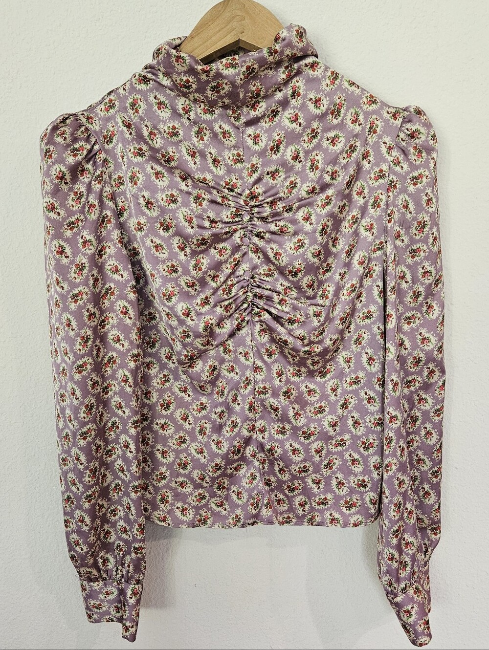 Zara Purple Floral Ruched Romantic LS High Neck Blouse
